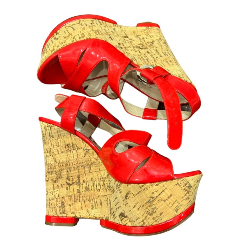 CASADEI Red patent leather strappy cork platform wedges